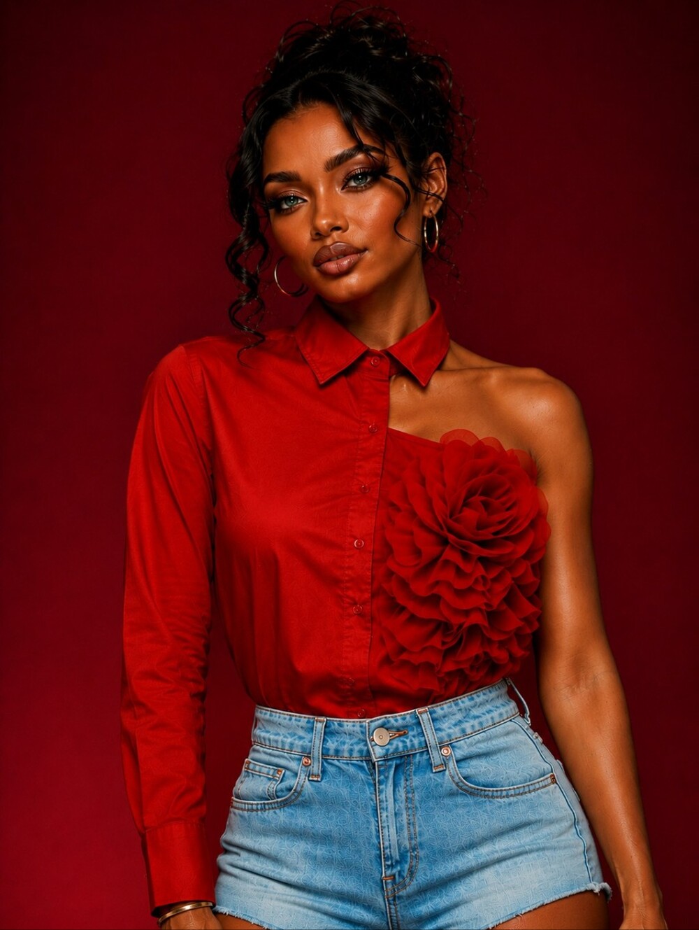 💋RED ONE-SHOULDER FLOWER BLOUSE!!!